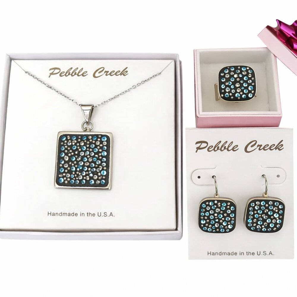 Handcrafted Swarovski Light Aqua Crystal & Clay Square Pendant Set